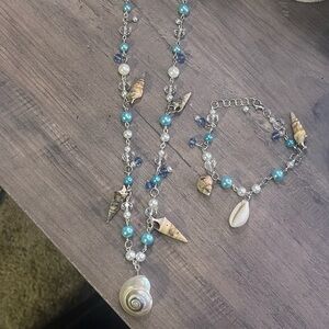Real Seashell and Pearl Jewelry Set - Blue and Silver